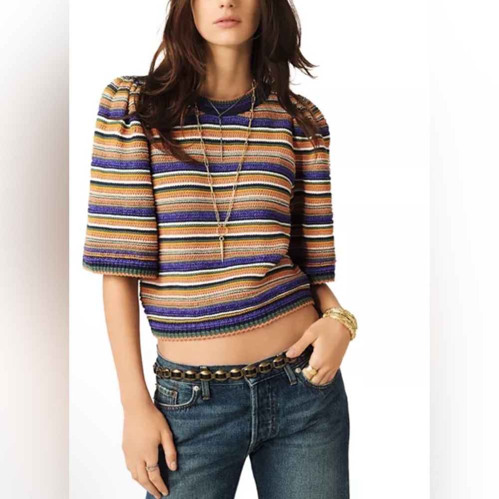 Ba&sh Farfaela Striped Cropped Short Sleeve Sweater Size 1